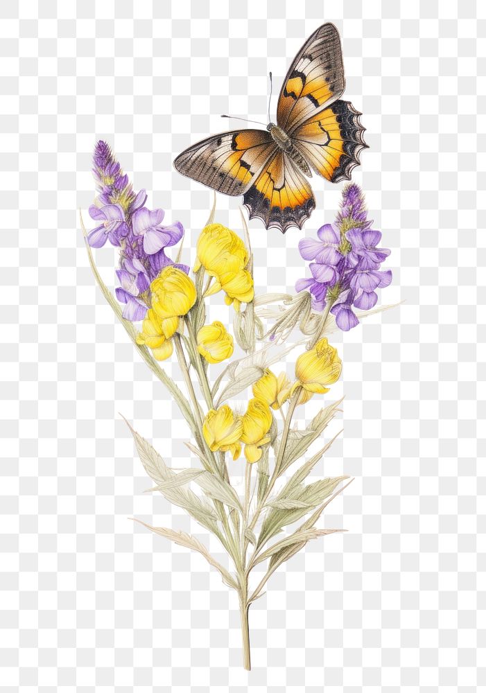 PNG Butterfly with yellow and purple flowers lavender drawing insect