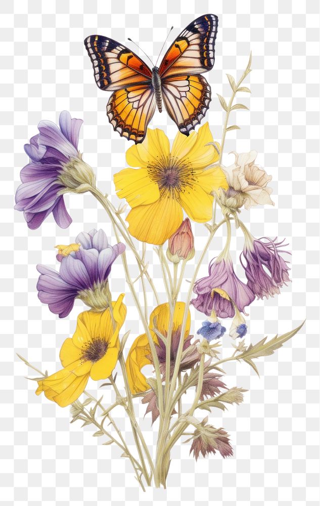 PNG Butterfly with yellow and purple flowers drawing insect sketch