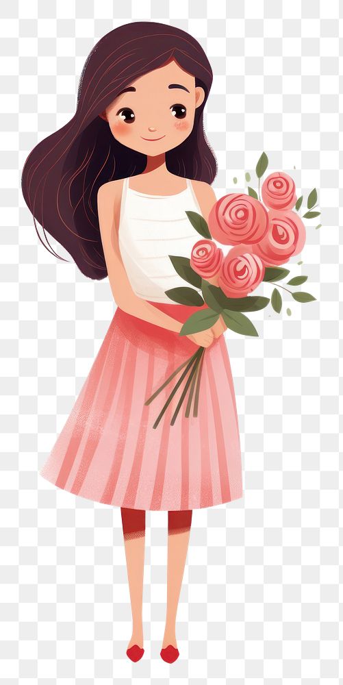 PNG Girl holding bouquet cartoon flower dress.