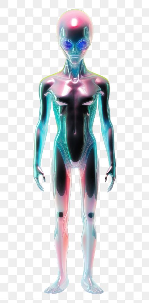 PNG An full body iridescence humanoid alien isolated on clear pale solid white background adult futuristic mannequin.