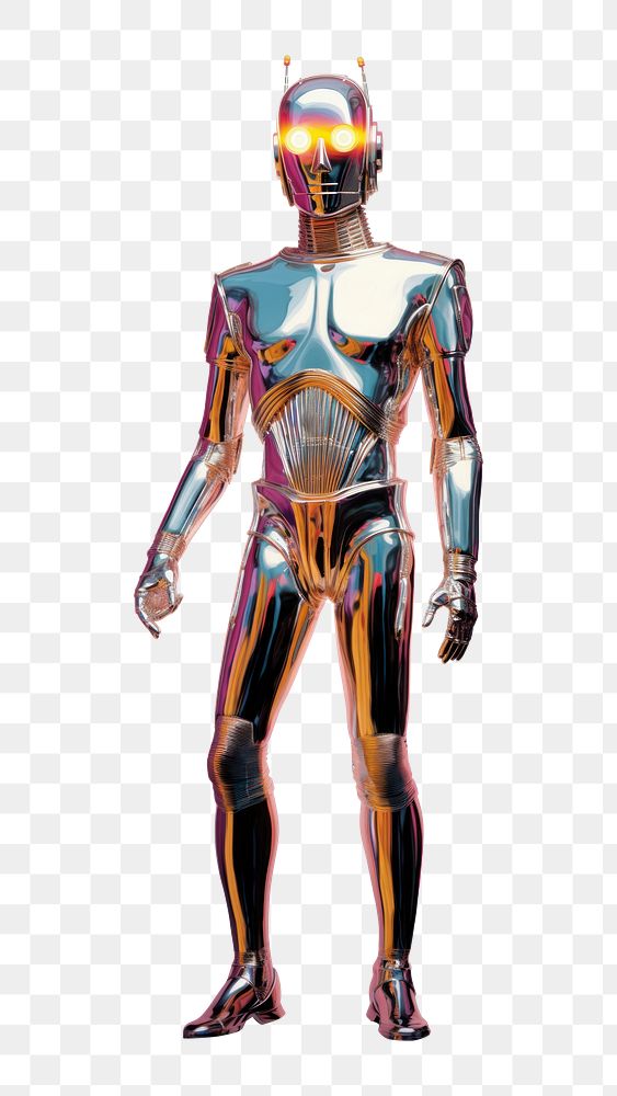 PNG An full body iridescence humanoid robot isolated on clear pale solid white background helmet futuristic protection.