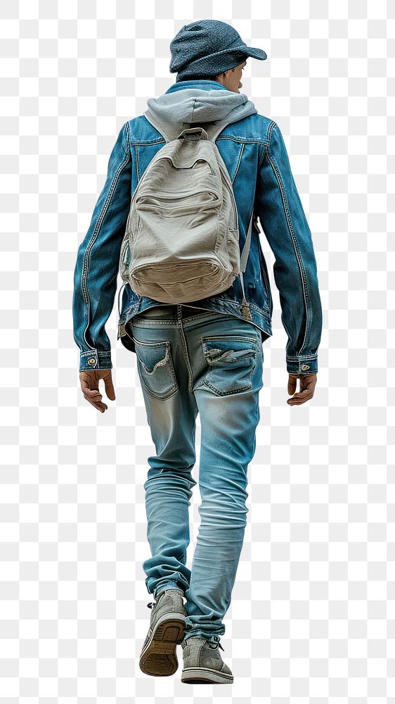 PNG Young fashion man walking backpack jacket denim.