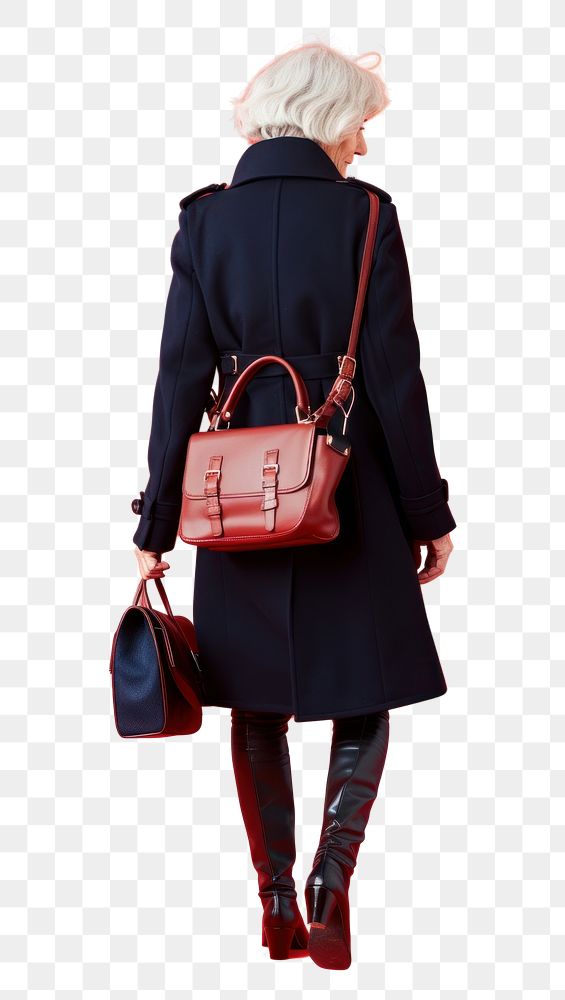 PNG Young fashion old woman walking overcoat footwear handbag.