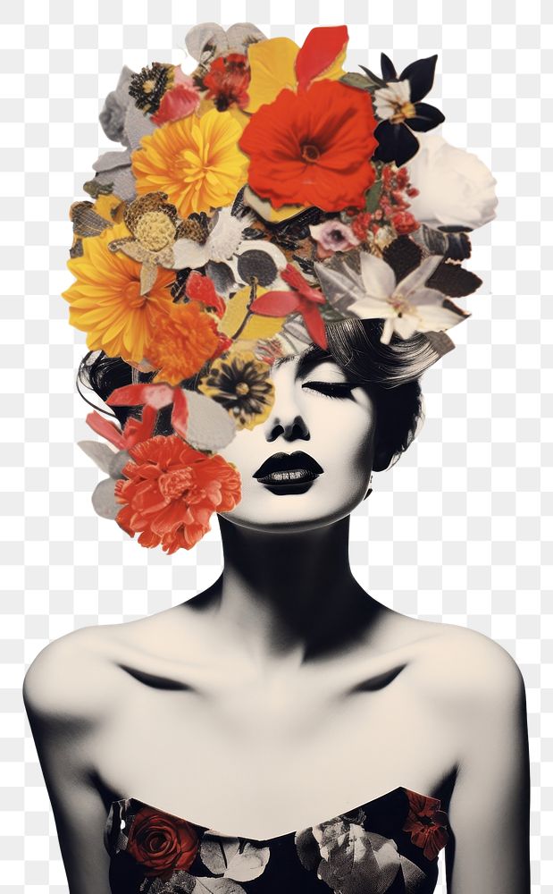 PNG Collage of flowers and woman portrait painting fashion.