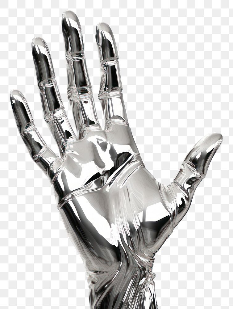 PNG 3d render of a hand in surreal abstract style metal white background electronics.