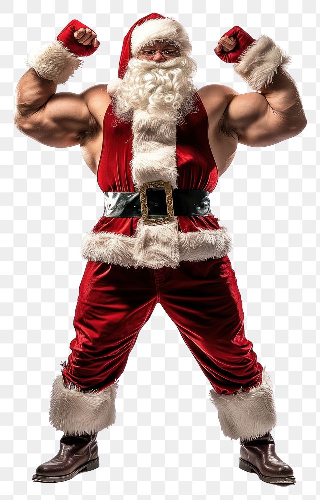 PNG Photo of muscle santa christmas costume white background.