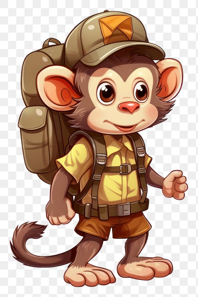 PNG Monkey character hiking summer cartoon standing portrait.