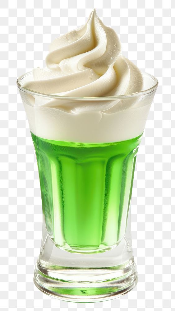 PNG Green jello whip cream on top in a shot glass dessert food white background.