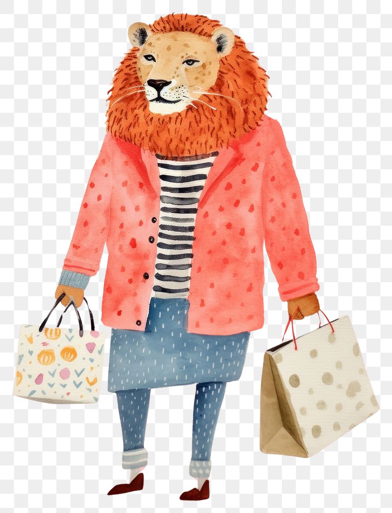 PNG Simple abstract character in Risograph printing illustration minimal of a happy lion enjoy shopping handbag coat art.