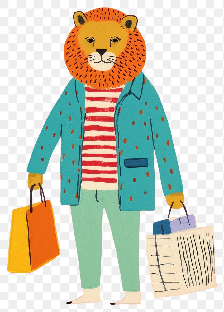 PNG Simple abstract character in Risograph printing illustration minimal of a happy lion enjoy shopping handbag coat art.