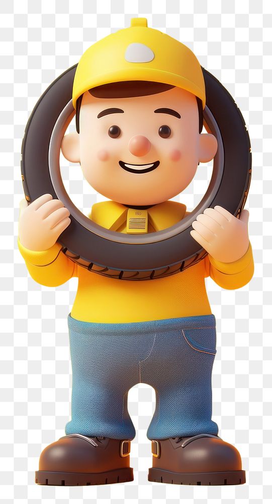 PNG  Mechanic holding a car wheel human cute toy.