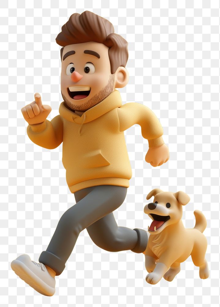 PNG  Man running with dog figurine cartoon animal.