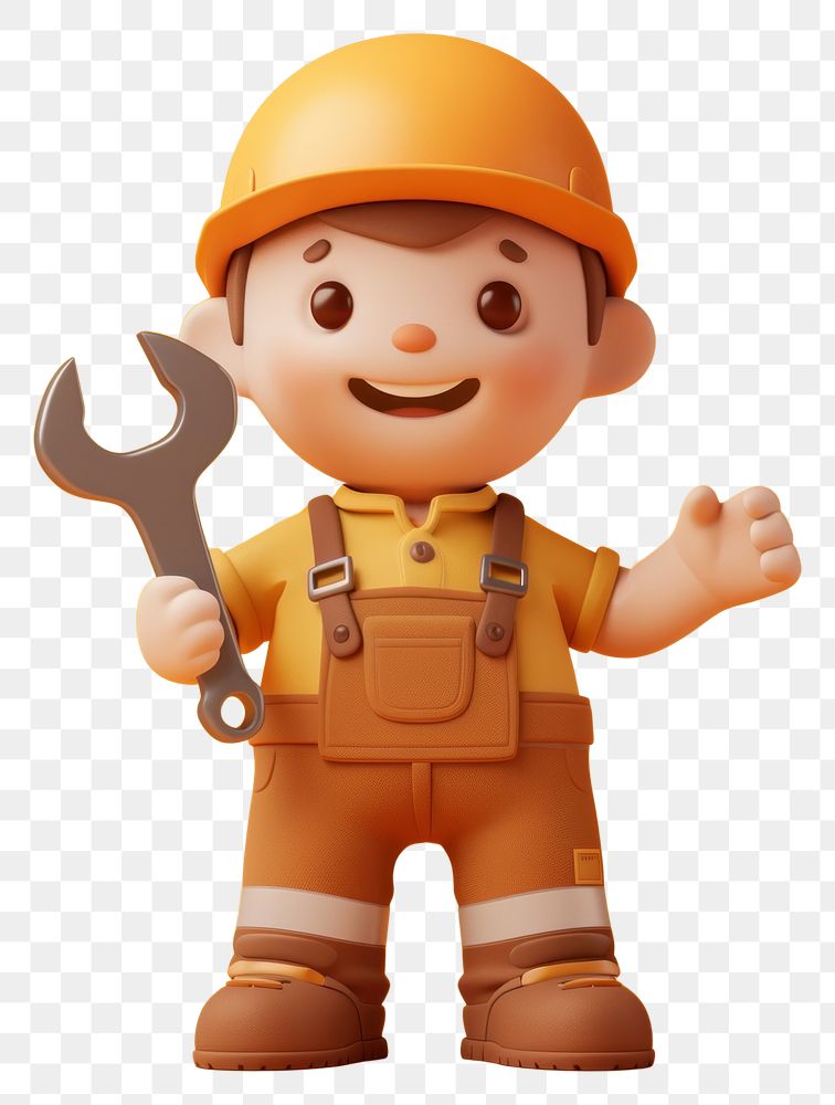 PNG  Mechanic holding a wrench human cute toy.