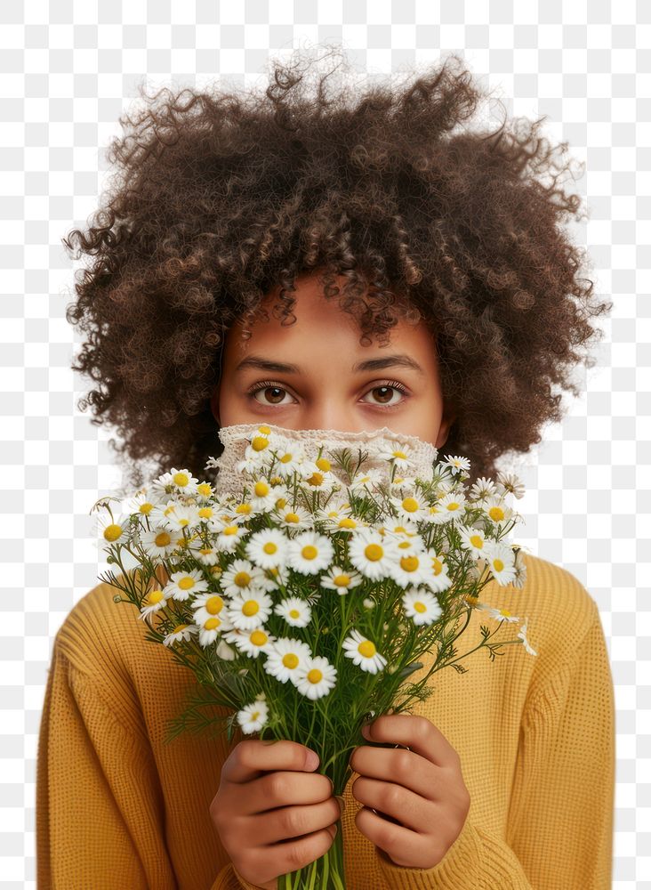 PNG Young ethnic woman has problems with breathing holds nose suffers headshot flower white.