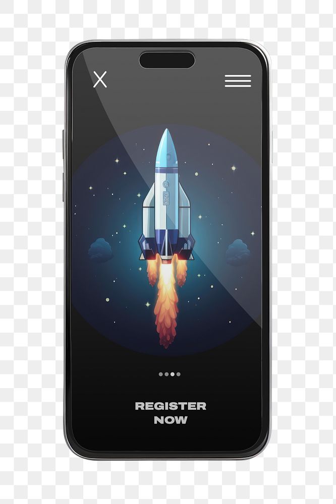 Phone with space rocket on screen png, transparent background