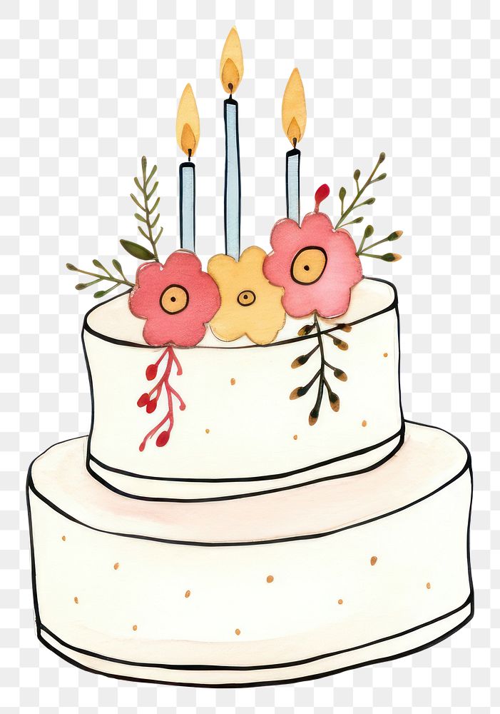 PNG Birthday cake hand drawn watercolor dessert food celebration.