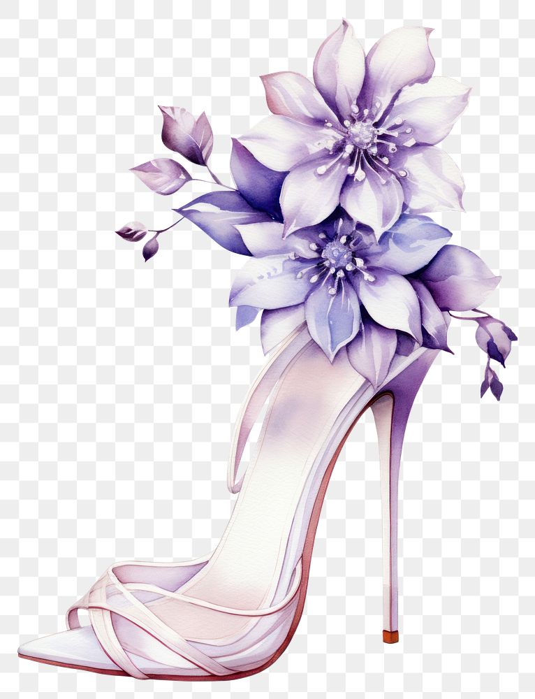 PNG Watercolor shoe flower footwear plant white.