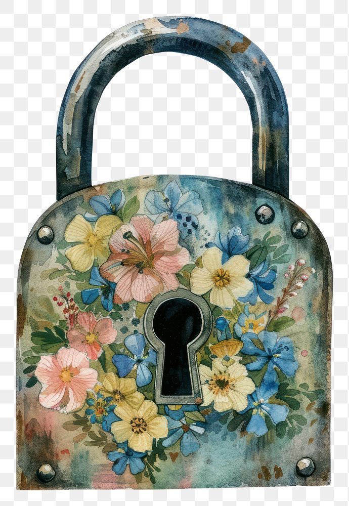 PNG Vintage padlock watercolor handbag flower art