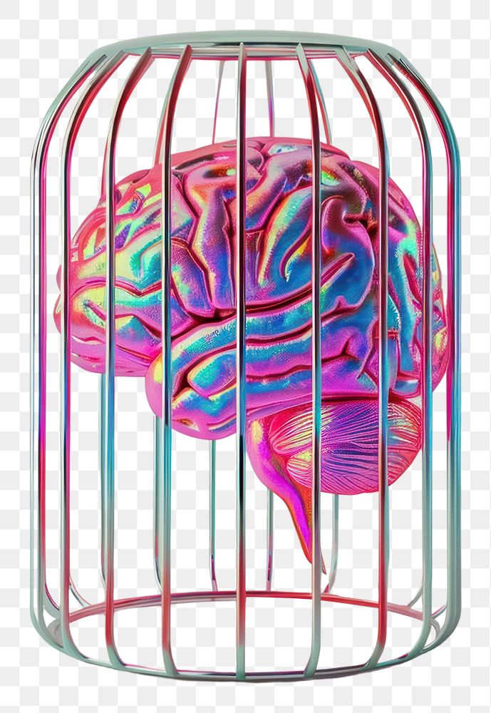 PNG Human brain in a cramped cage glass biochemistry creativity.