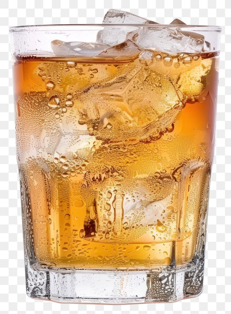 PNG Whiskiey glass with ice cocktail drink soda.