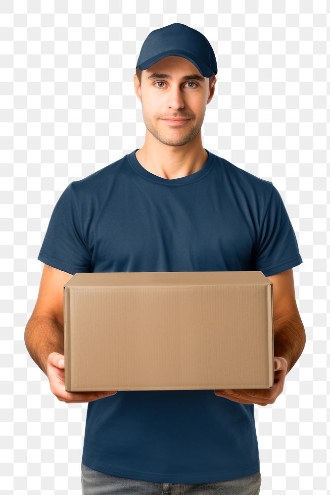 PNG delivery man carrying parcel box, transparent background