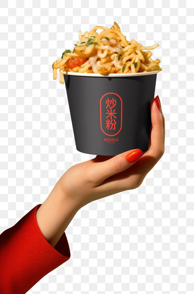 PNG hand holding Asian noodles cup, transparent background