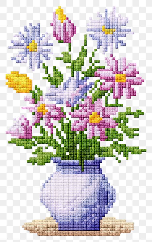 Cross stitch flower vase embroidery plant art.