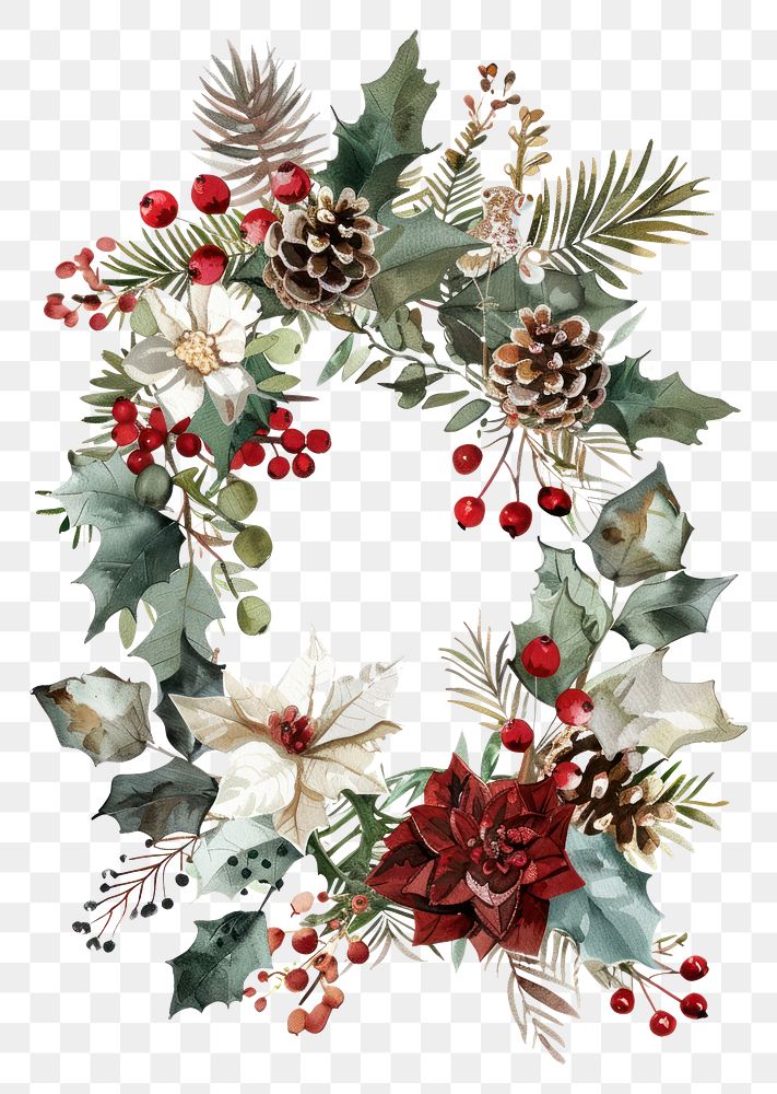 PNG Botanical illustration christmas wreath pattern plant celebration.