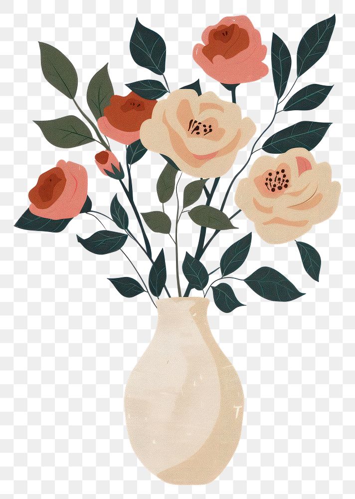 PNG Botanical illustration roses vase plant painting flower art. 