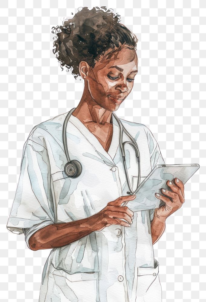 PNG Monochromatic african american woman nurse holding a tablet drawing sketch adult.