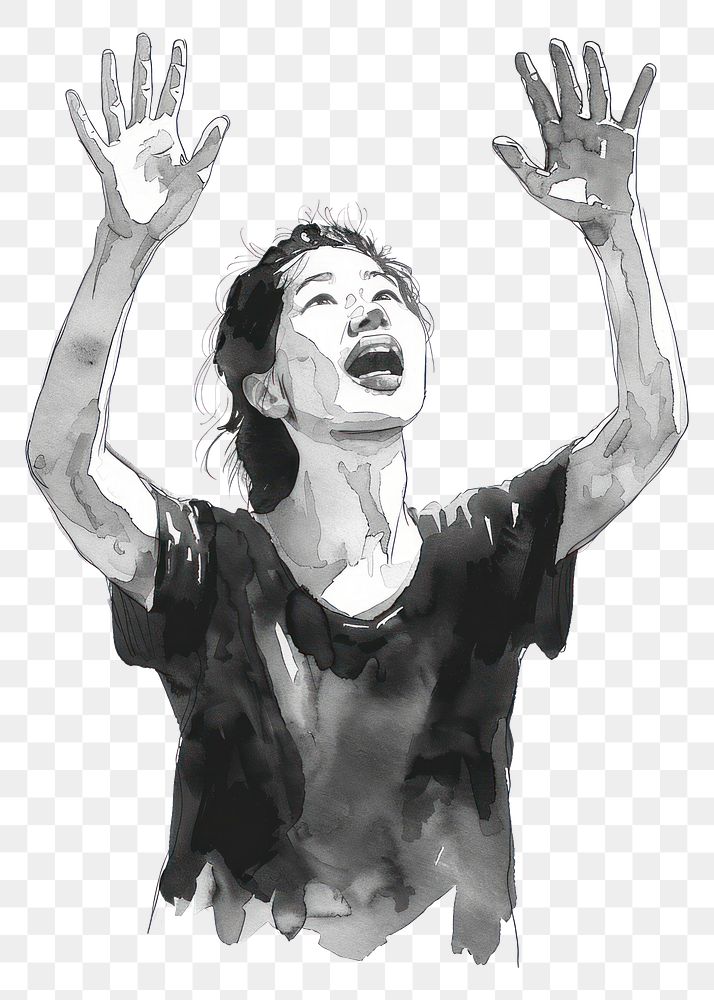 PNG Monochromatic excited Asian woman raised her hands up drawing sketch paint.