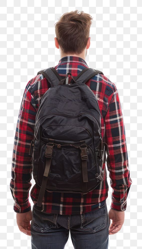 PNG Man wearing a backpack adult bag white background.
