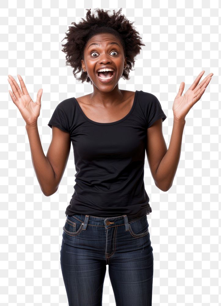 PNG Excited african american woman raised her hands up shouting adult white background.