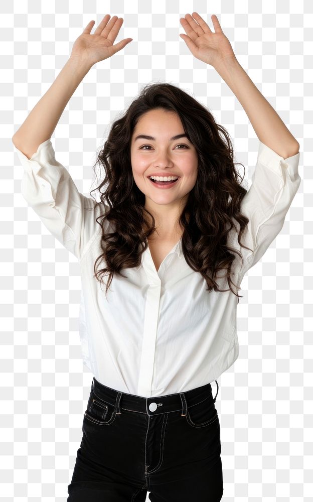 PNG Excited latina woman raised her hands up smile white background triumphant.