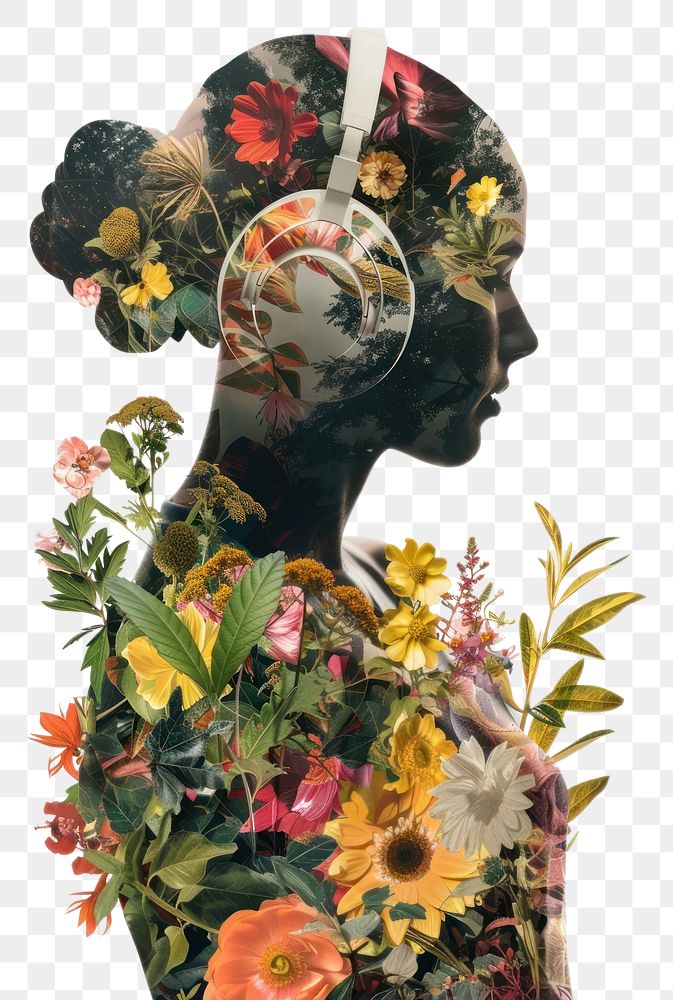 PNG Person using headphone flower collage plant