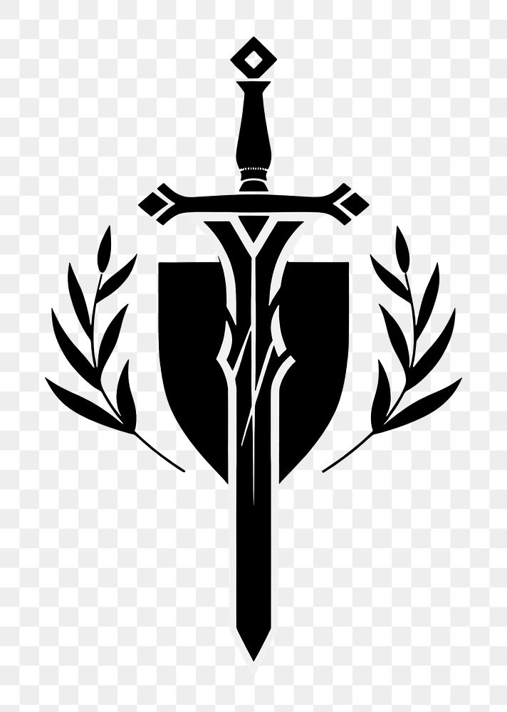 PNG Black minimalist gaming sword and shield Knight Vintage logo design symbol cross weaponry.