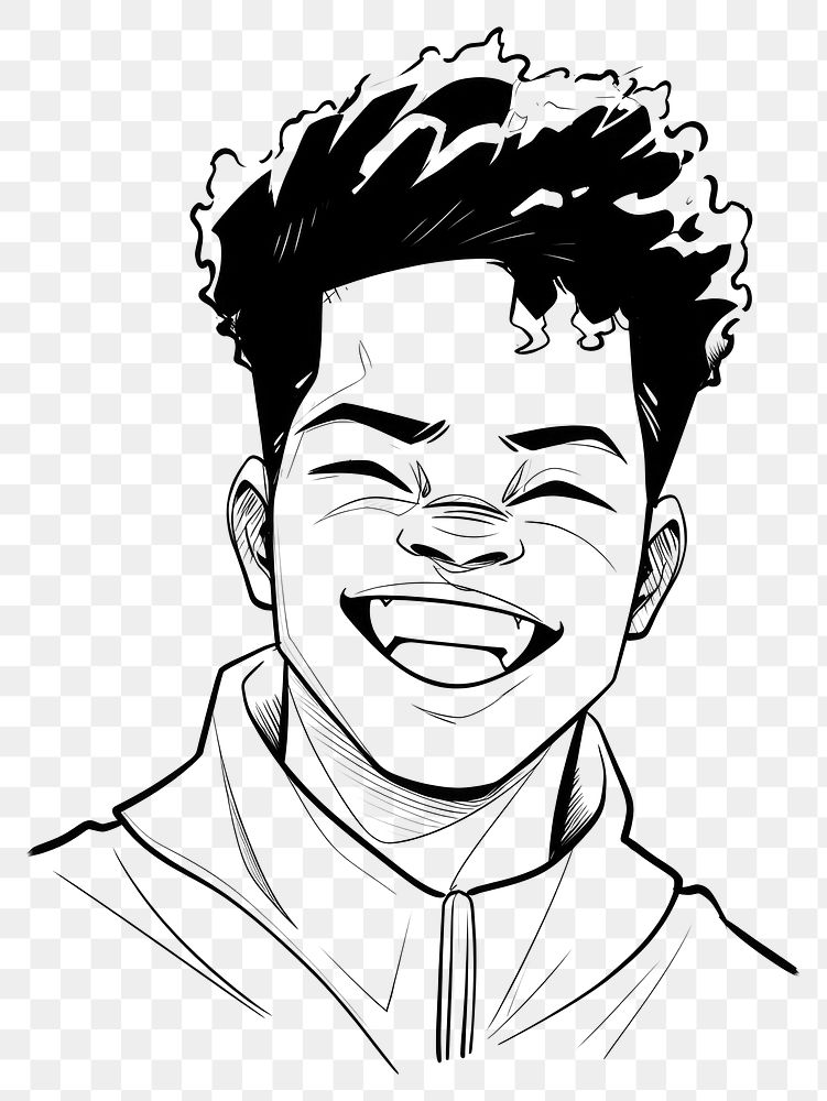PNG Outline sketching illustration of a big smile african boy drawing cartoon white background.