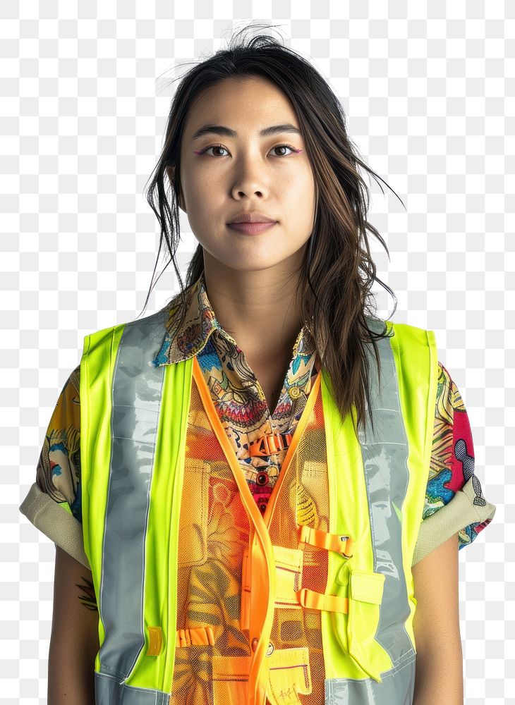 PNG Thai woman volunteer portrait vest white background.