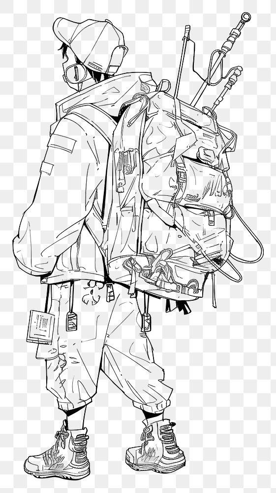 PNG Illustration of a minimal simple backpacker sketch cartoon drawing.