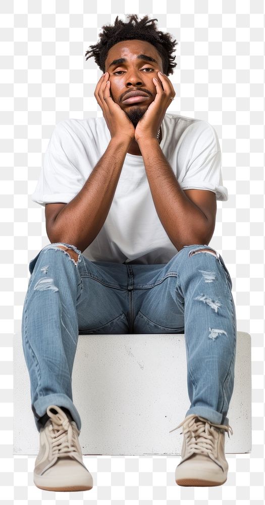 PNG  Unhappy black man sitting person human.