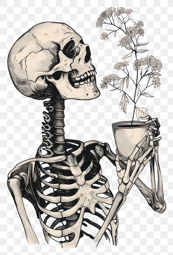 PNG Skeleton holding coffee cup drawing sketch illustrated.