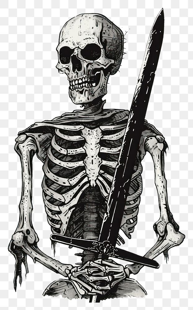 PNG Skeleton holding sword monochrome cartoon history