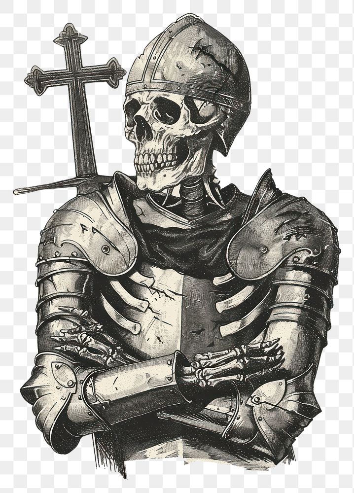 PNG Skeleton in knight outfit cross architecture monochrome.