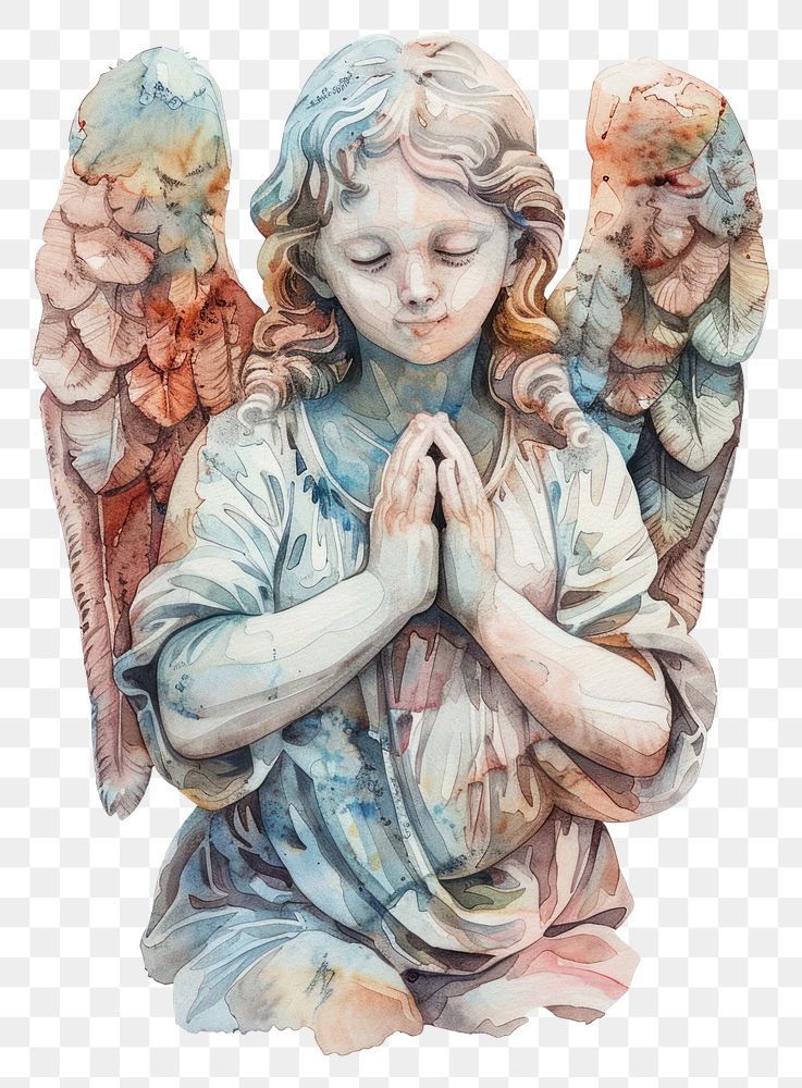 PNG Angel Statue in Watercolor painting statue art.