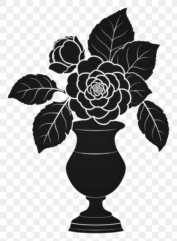 PNG A vase with camellia flower silhouette stencil pottery.