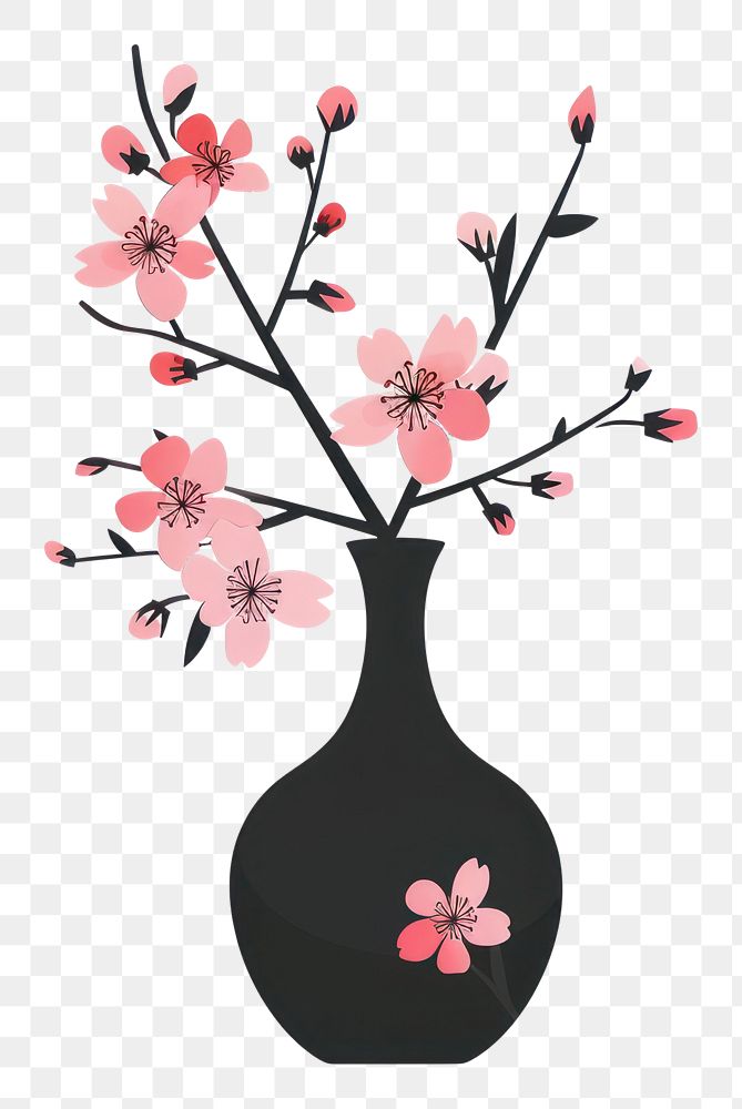 PNG A vase with cherry blossom flower pottery plant jar.