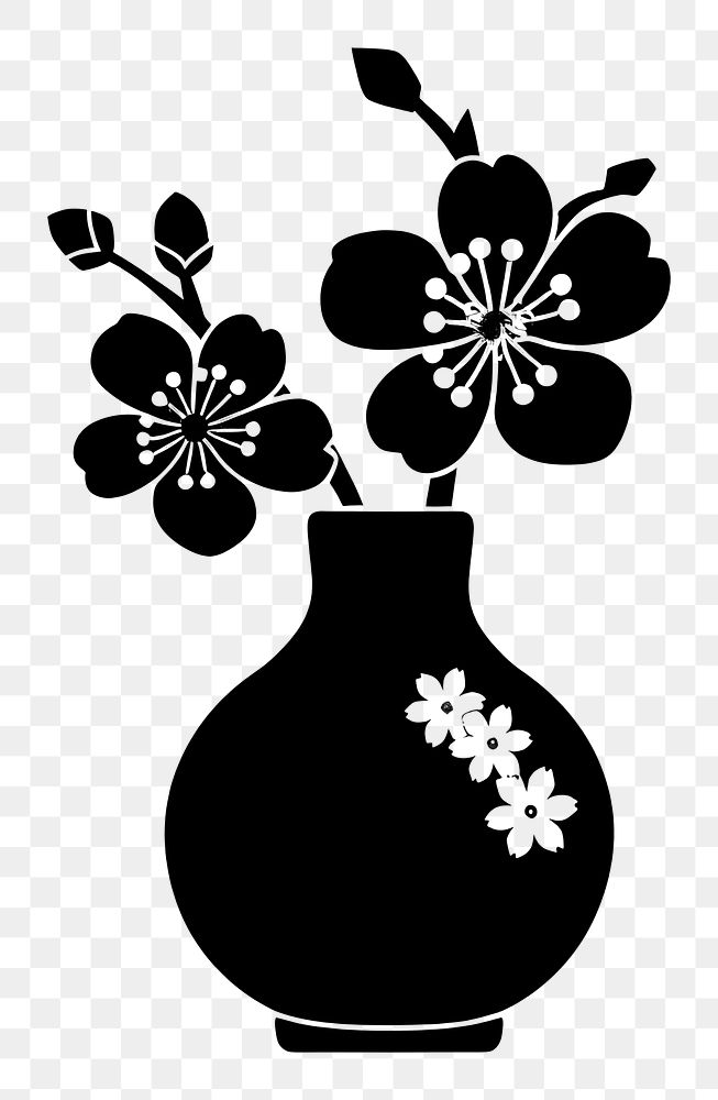 PNG A vase with cherry blossom flower pottery stencil plant.