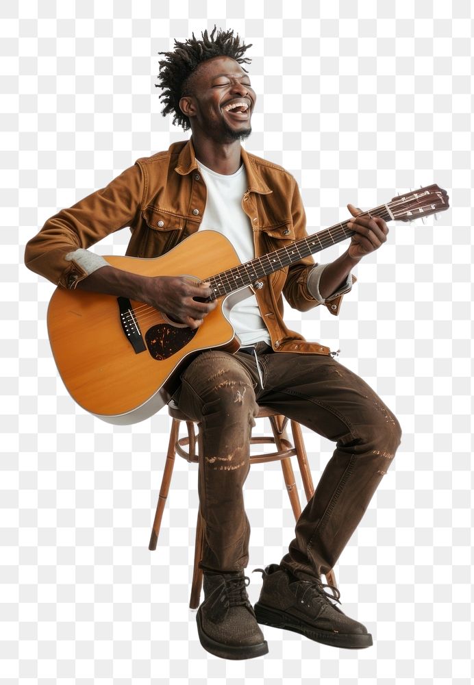 PNG Man holds acoustic guitar and sings musician sitting adult.