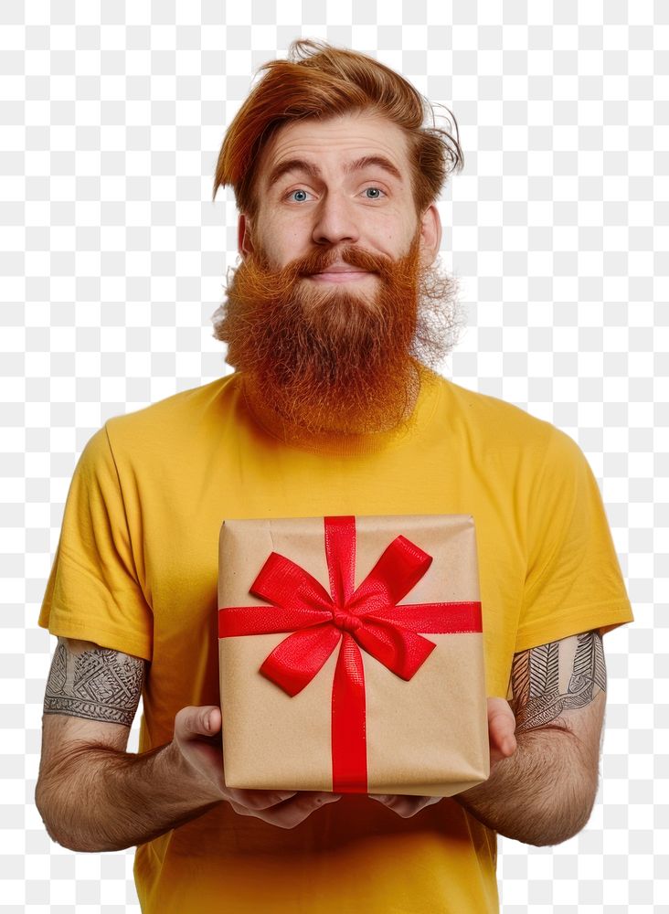 PNG Man hold present box t-shirt yellow beard.