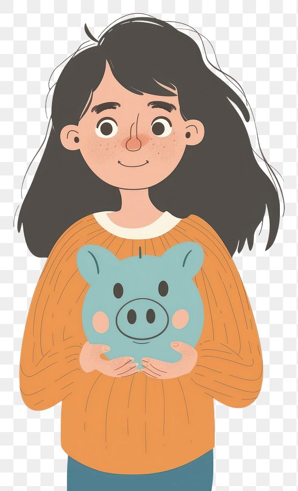 PNG Flat illustration girl holding piggy bank portrait cartoon representation.